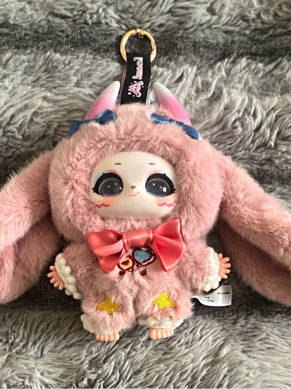 Plush Pink Horn Bunny Bag Accessory w/Little Cute Bow Tie